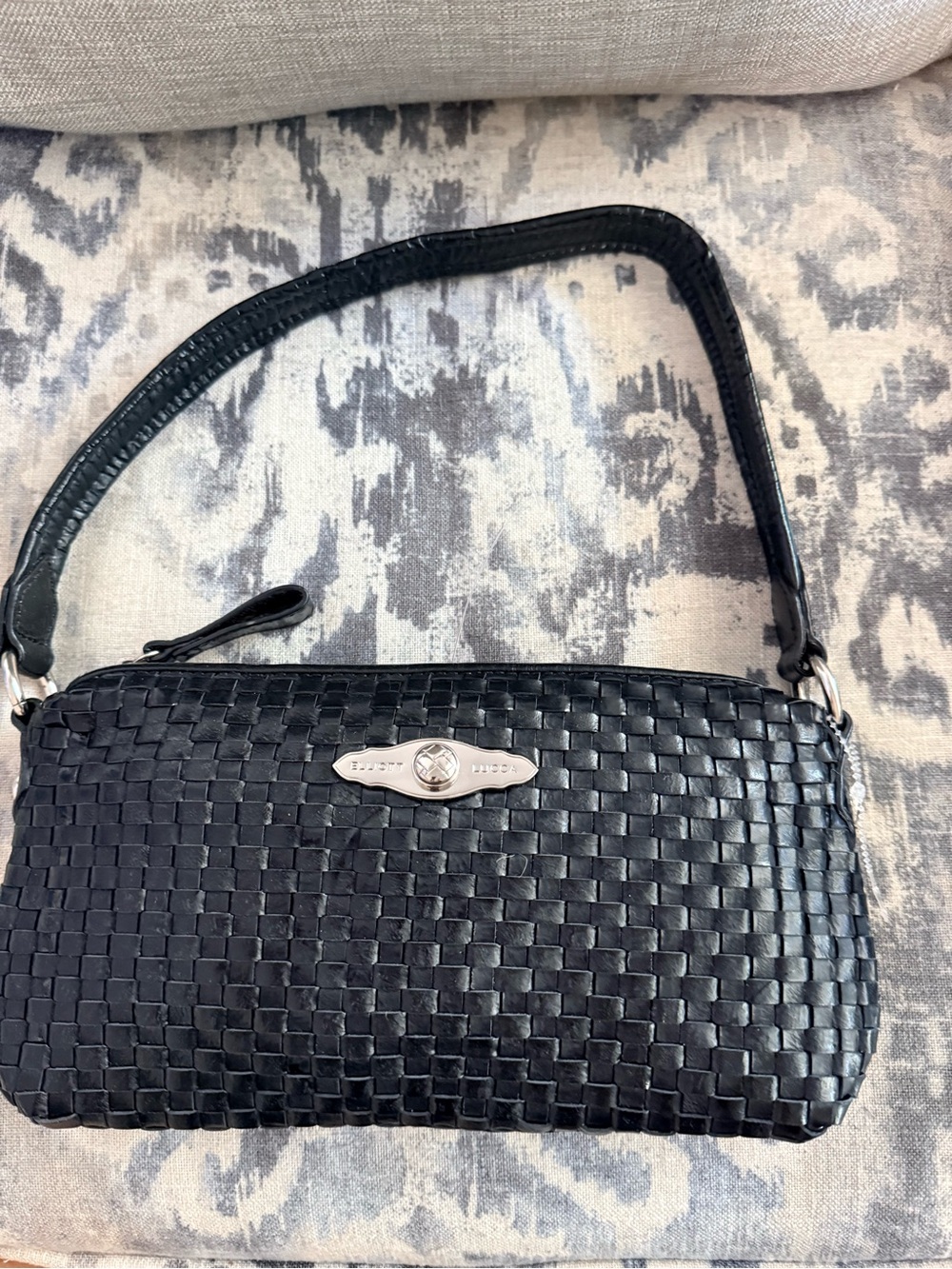 Elliott Lucca Black Woven Leather Wristlet Clutch with Silver Plate